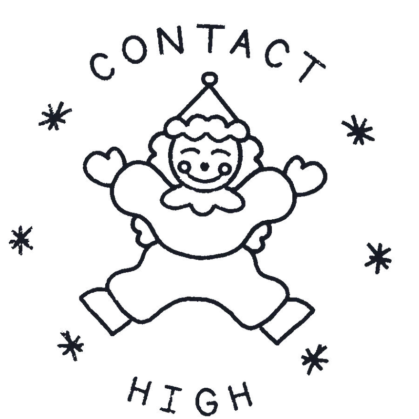 Contact High — a line drawing of a clown in a jester hat, ringed by the words Contact High